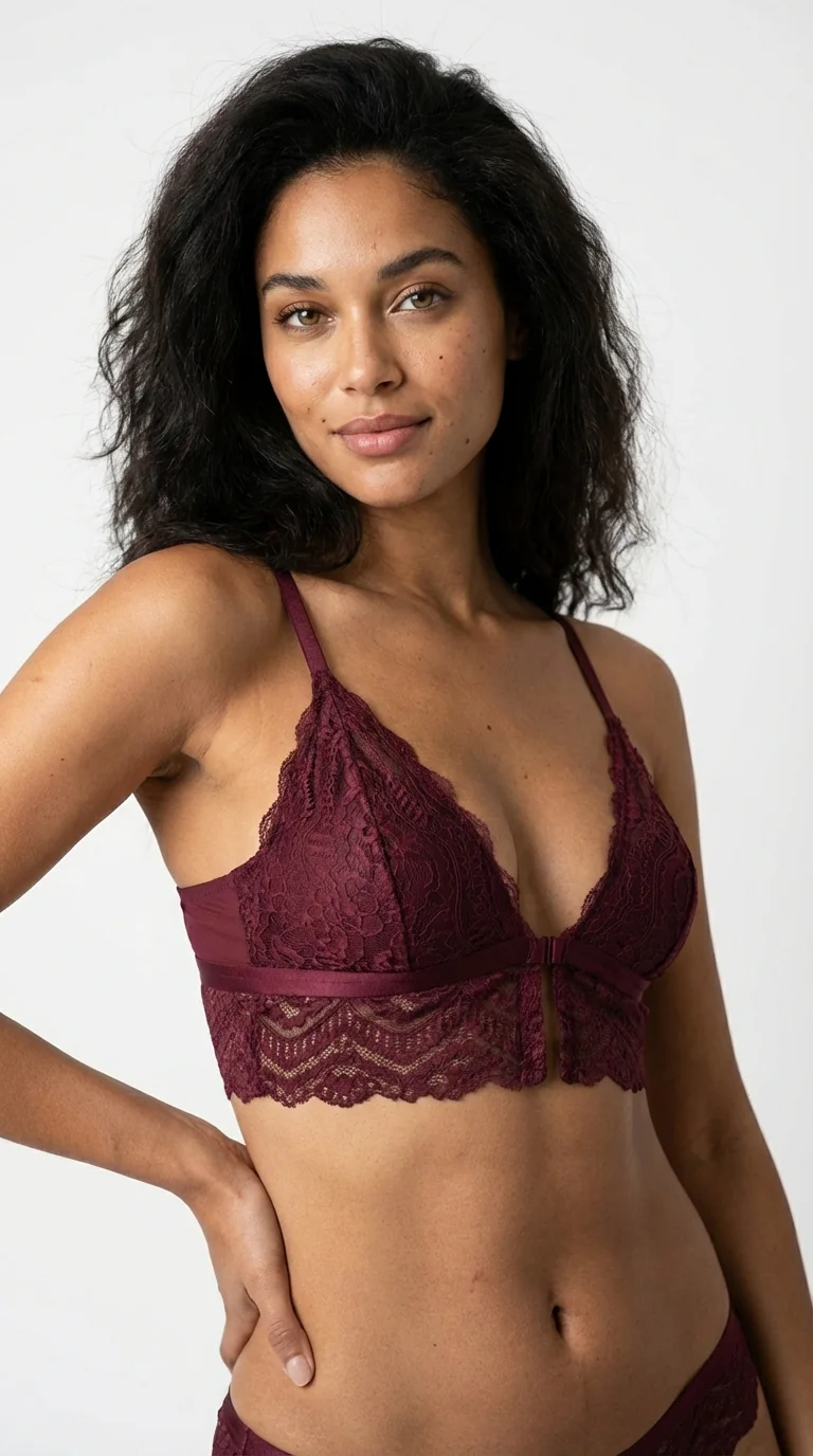 LunaIntim Bordo Dantelli Bralet Sütyen Desteksiz (Boş Kap) ve Balensiz Üçgen Model - Balensiz Üçgen Model Detay